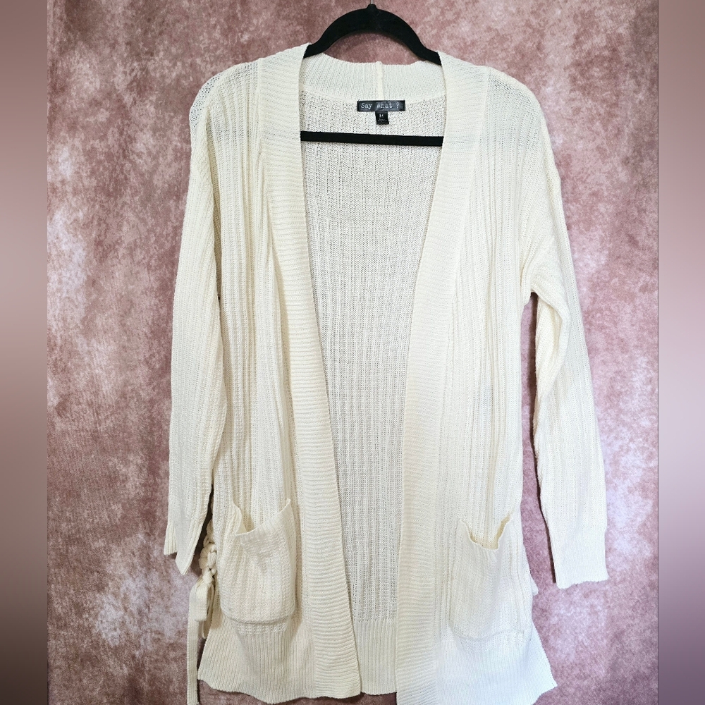 SAY WHAT? Women's Size Medium Cream Open Front Braided Sides Cardigan Sweater